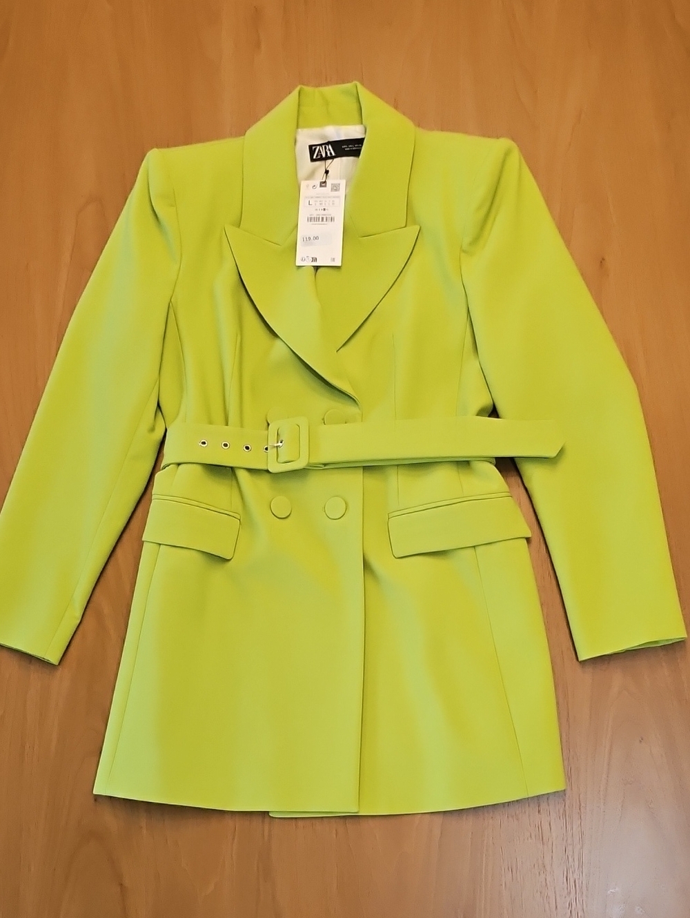 Zara Neon Lime Belted Double-Breasted Blazer